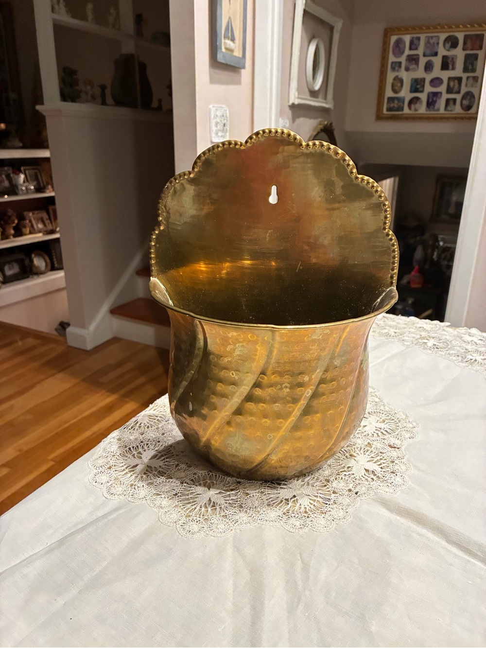 Vintage hammered brass wall pocket planter, featuring a scalloped rim